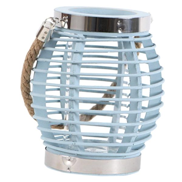 Rustic Style Wooden Wicker Style Round Lantern Tea Light Candle Holder Blue Online Sale