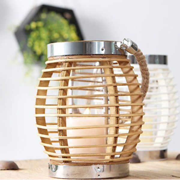 Rustic Style Wooden Wicker Style Round Lantern Tea Light Candle Holder Blue Online Sale